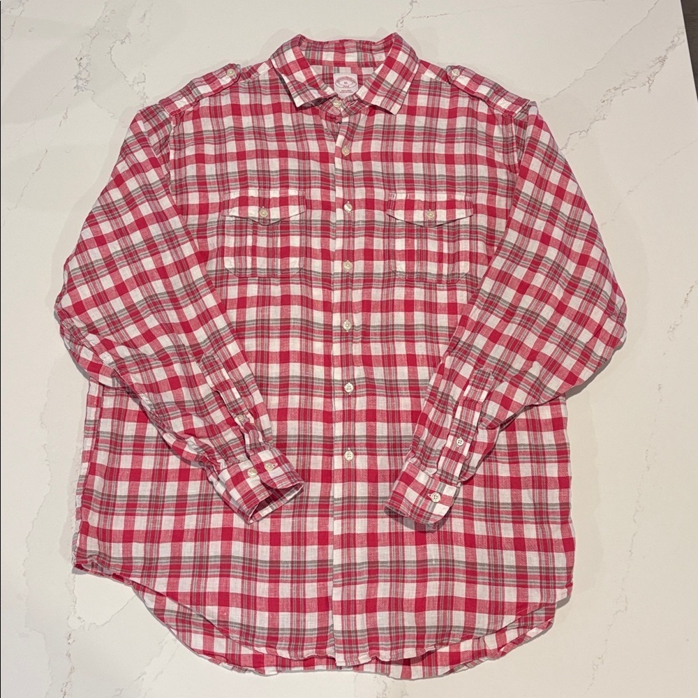 Brooks Brothers Linen Red and White Checkered Military Shirt Size XL